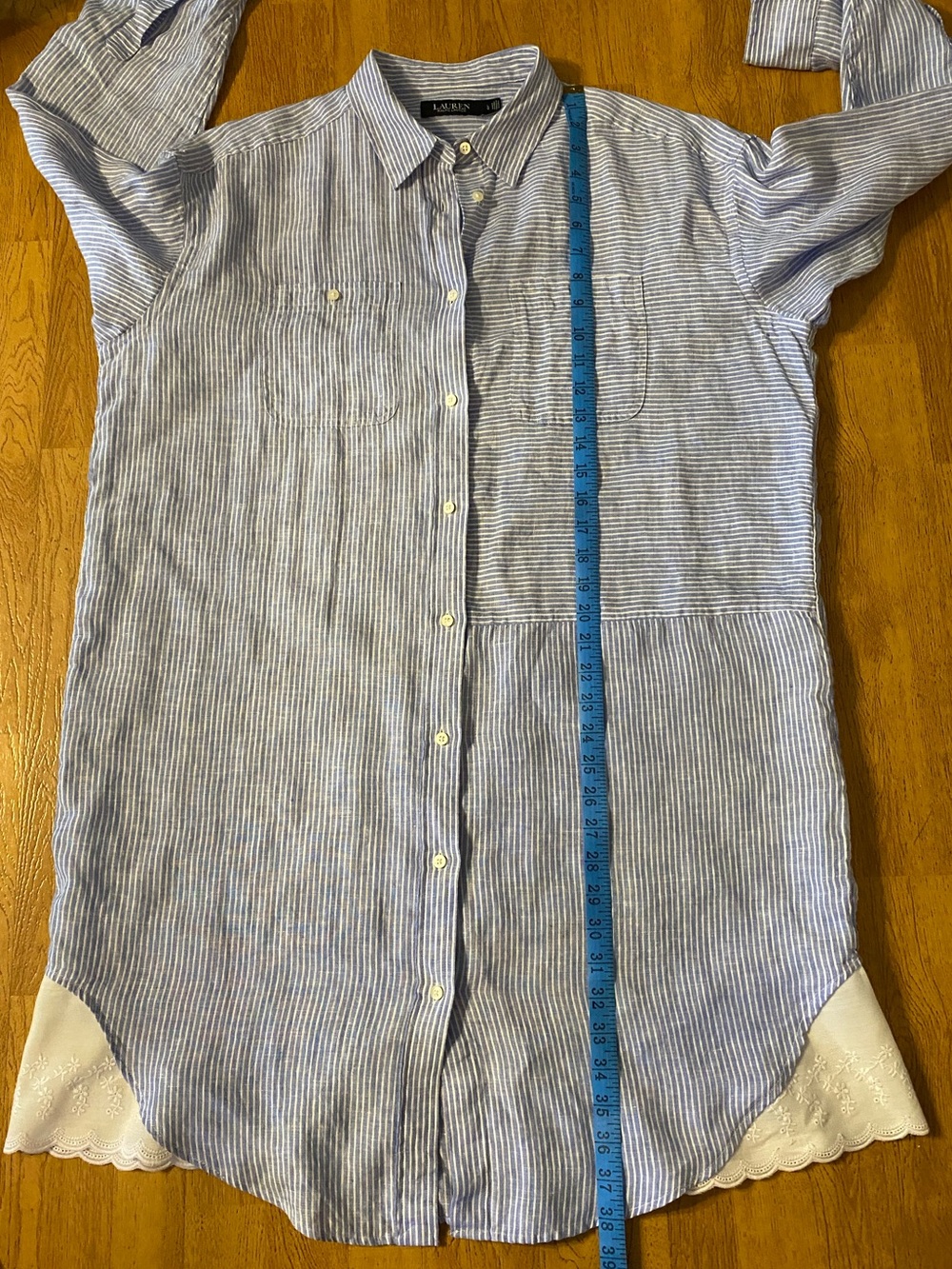 Lauren Ralph Lauren Linen  Blue Stripe Embroidered Hem Shirt Dress Cottagecore - Picture 4 of 14